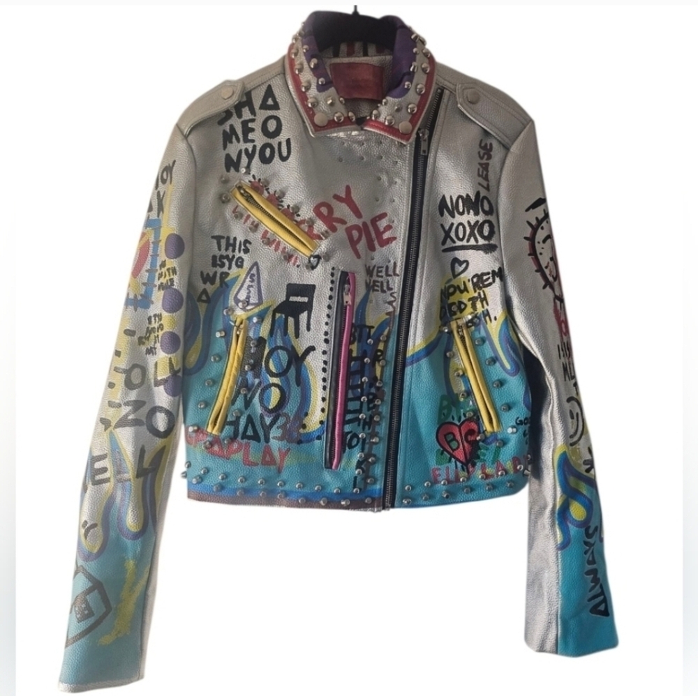 Azalea Wang Phoenix Moto Jacket Studded Graffiti Painted Cropped Silver, Small